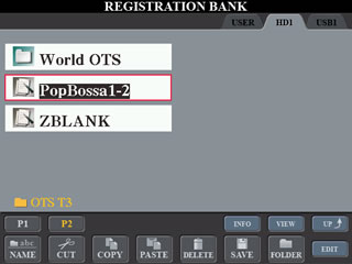 REGISTRATION BANK screen showing PopBossa1-2 registration file saved.